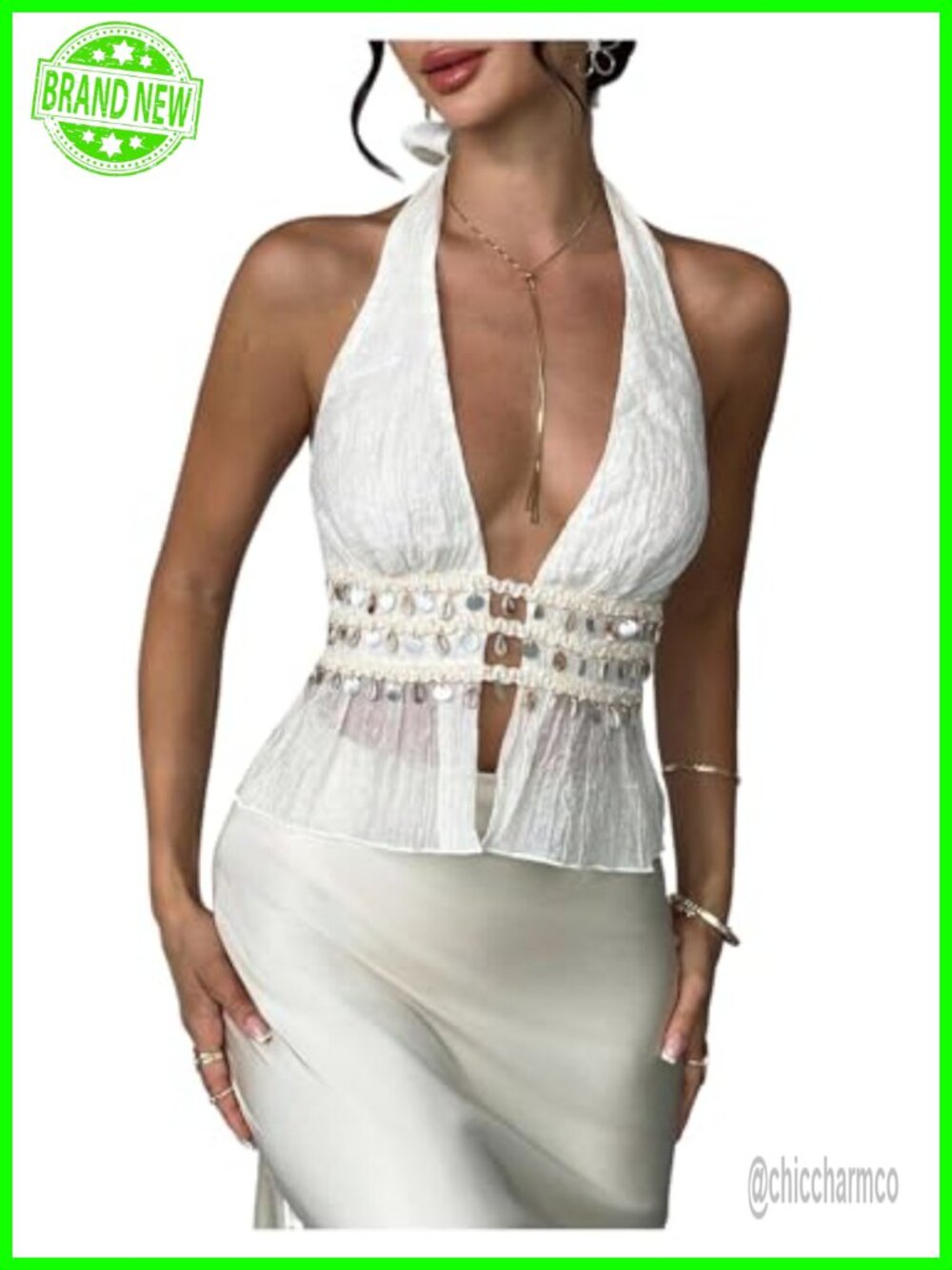 Halter Shell Fringe Tank Top Open Back Sleeveless Sheer Concert Going Out Top